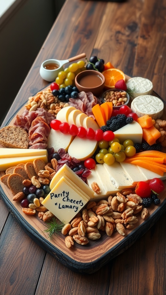 A vibrant charcuterie board with cheeses, meats, fruits, and nuts, elegantly arranged on a rustic table.